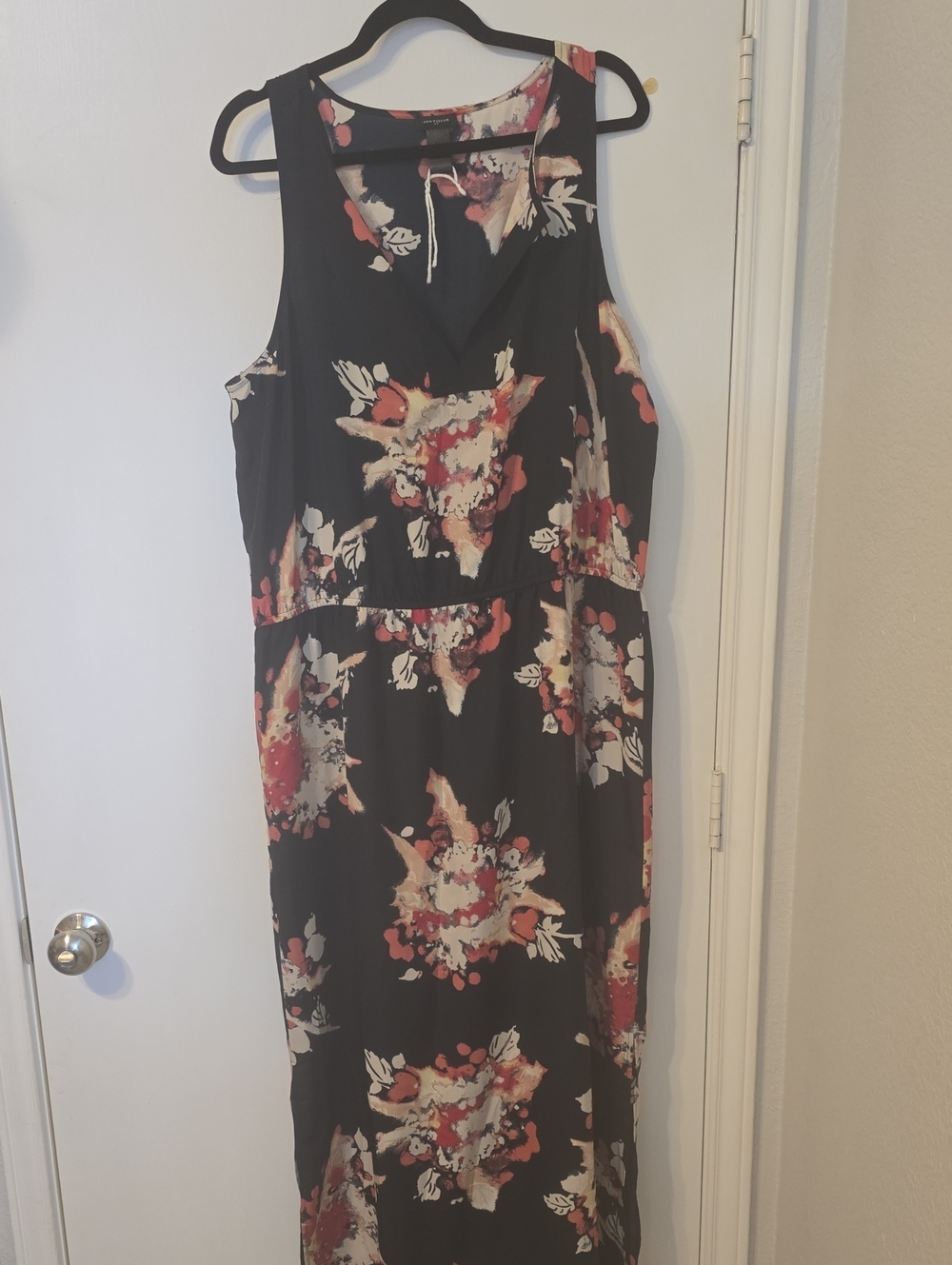Ann Taylor Black Floral Sleeveless Maxi Dress with Cream & Coral Accents